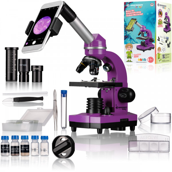 Bresser Junior 40x-1600x BIOLUX mikroskooppi puhelinpidikkeellä (violetti)